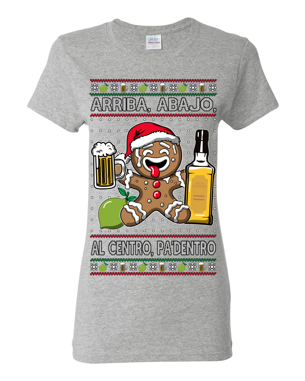 Arriba Abajo Al Centro Pa'Dentro Cheers to Health, Drinking Beer Cerveza Funny Gingerbread Xmas Cookie Ropa en Espanol Salud Ugly Christmas Sweater Ugly Christmas Womens Graphic T-Shirt