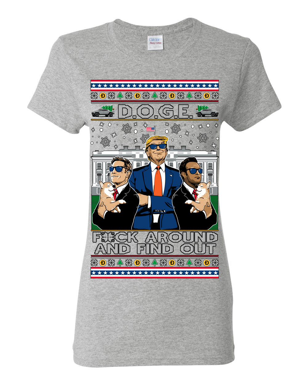 Doge F Around and Find Out Donald Trump Elon Vivek, Department of Govenmental Efficiency D.O.G.E. Republicans MAGA Ugly Christmas Sweater Ugly Christmas Womens Graphic T-Shirt