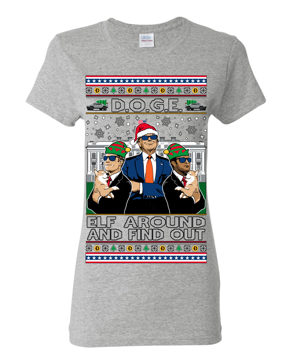 Doge Elf Around and Find Out Trump Elon Vivek, Department of Govenmental Efficiency D.O.G.E. Republicans MAGA Ugly Christmas Sweater Ugly Christmas Womens Graphic T-Shirt