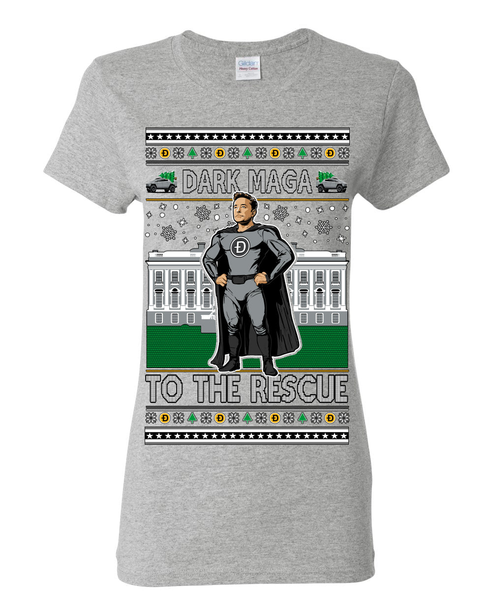 Dark MAGA to the Rescue, Elon Superhero Doge Crypto Dogecoin Make America Great Again Trump 2024 Ugly Christmas Sweater Ugly Christmas Womens Graphic T-Shirt