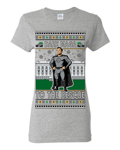 Dark MAGA to the Rescue, Elon Superhero Doge Crypto Dogecoin Make America Great Again Trump 2024 Ugly Christmas Sweater Ugly Christmas Womens Graphic T-Shirt