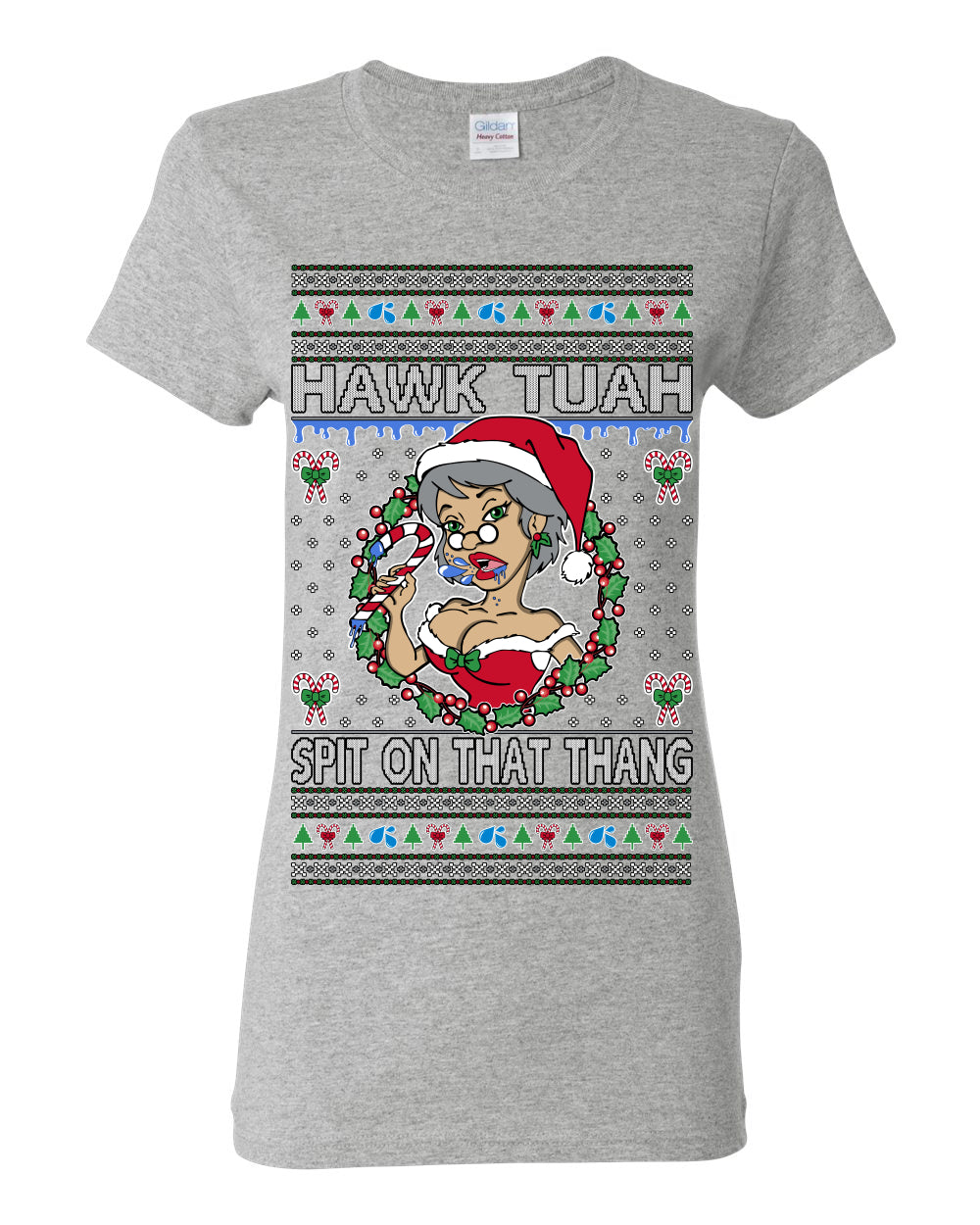 Hawk Tuah Spit On That Thang, Viral Hilarious Candy Cane Mrs Claus Funny Naughty Suck Meme, Ugly Christmas Sweater Ugly Christmas Womens Graphic T-Shirt