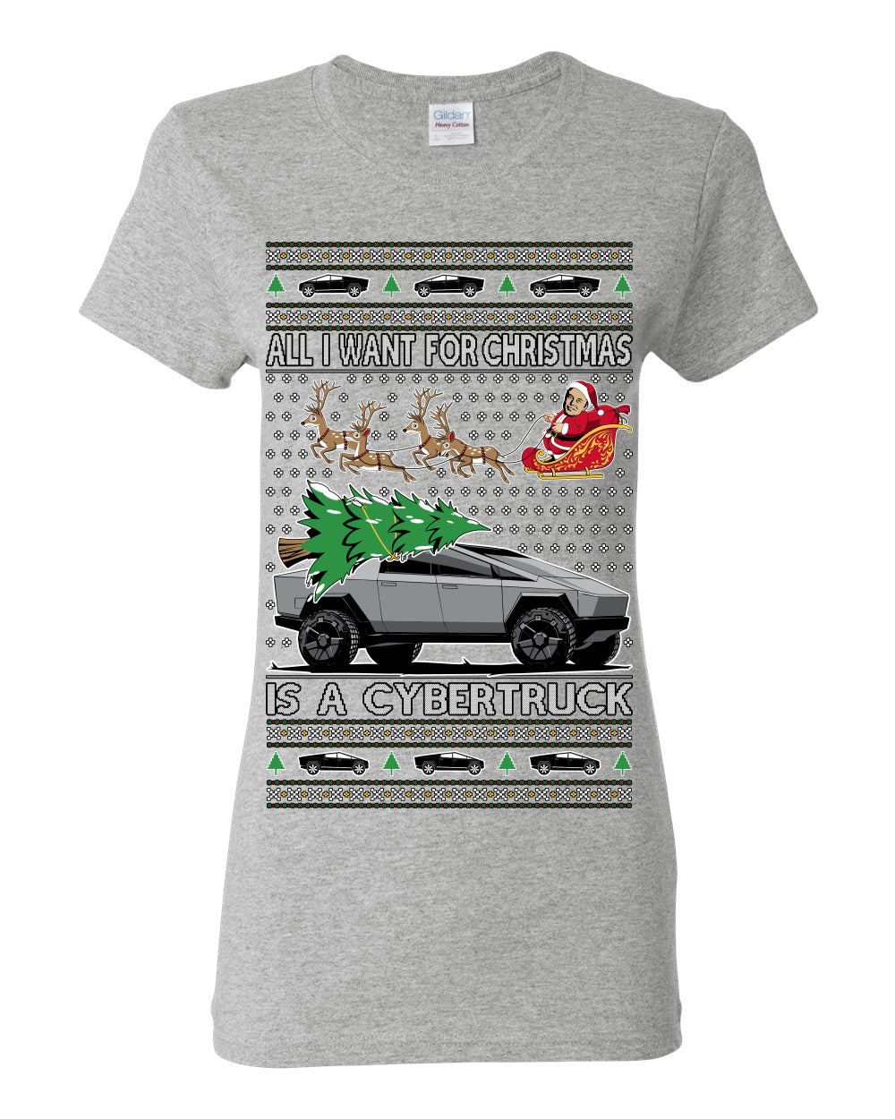 All I Want for Christmas is a Cybertruck, Funny Tech Cyber Truck Elon Musk Santa Claus Reindeer, Meme Ugly Christmas Sweater Ugly Christmas Womens Graphic T-Shirt