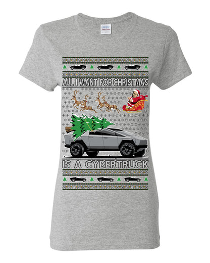 All I Want for Christmas is a Cybertruck, Funny Tech Cyber Truck Elon Musk Santa Claus Reindeer, Meme Ugly Christmas Sweater Ugly Christmas Womens Graphic T-Shirt