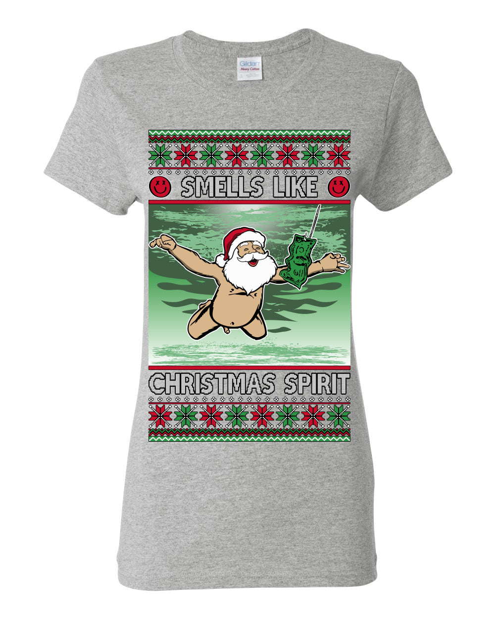 Smells Like Christmas Spirit, Funny Santa Claus Classic 90s Alternative Rock Album Cover Music Parody Ugly Christmas Sweater Ugly Christmas Womens Graphic T-Shirt