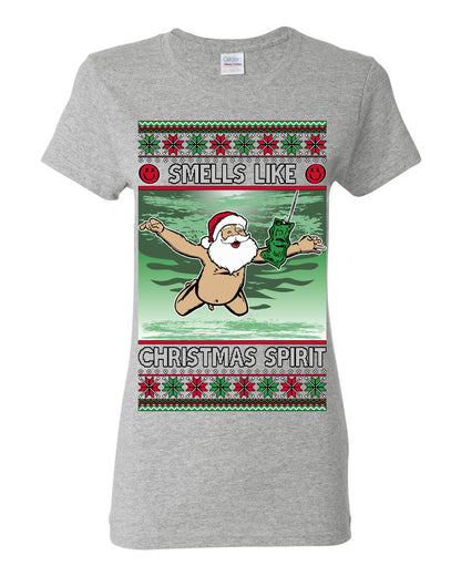 Smells Like Christmas Spirit, Funny Santa Claus Classic 90s Alternative Rock Album Cover Music Parody Ugly Christmas Sweater Ugly Christmas Womens Graphic T-Shirt