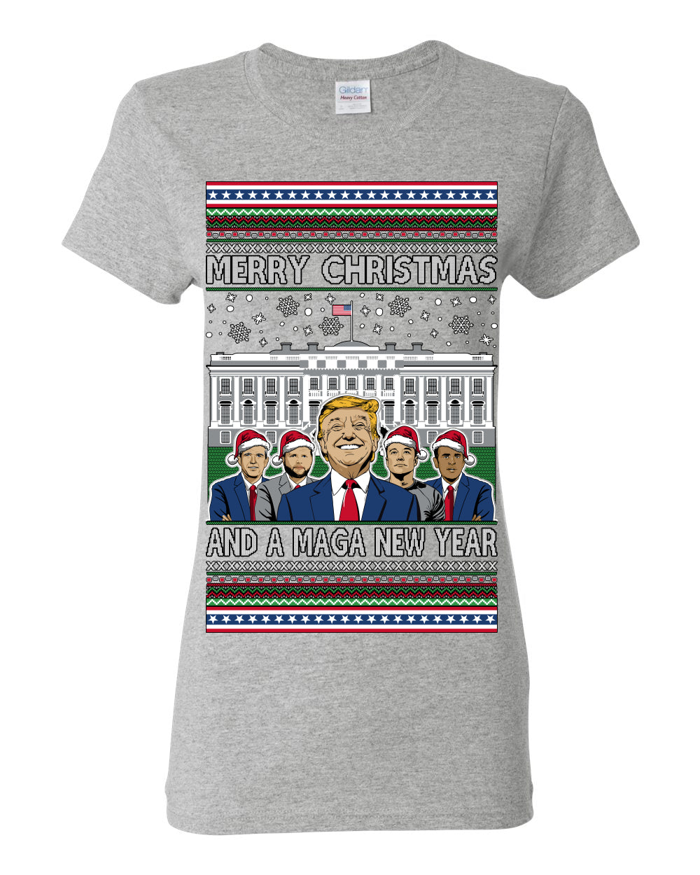 Merry Christmas and a MAGA New Year 2025, Trump Vance Administration 45 47 Make America Great Again USA Ugly Christmas Sweater Ugly Christmas Womens Graphic T-Shirt