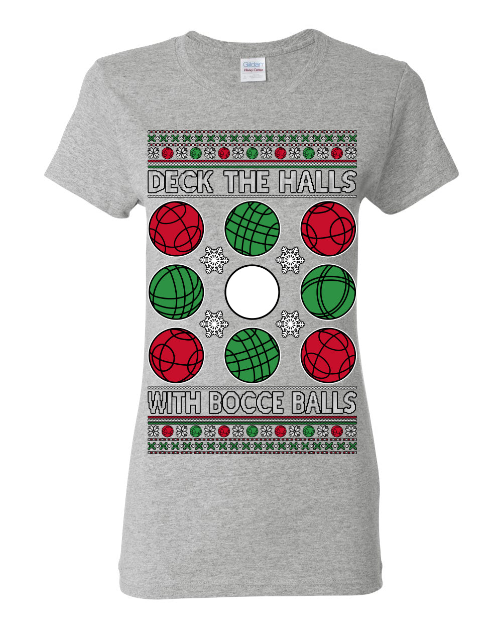 Deck the Halls with Bocce Balls, Funny Classic Italy Italian Sports Ugly Christmas Sweater Ugly Christmas Womens Graphic T-Shirt
