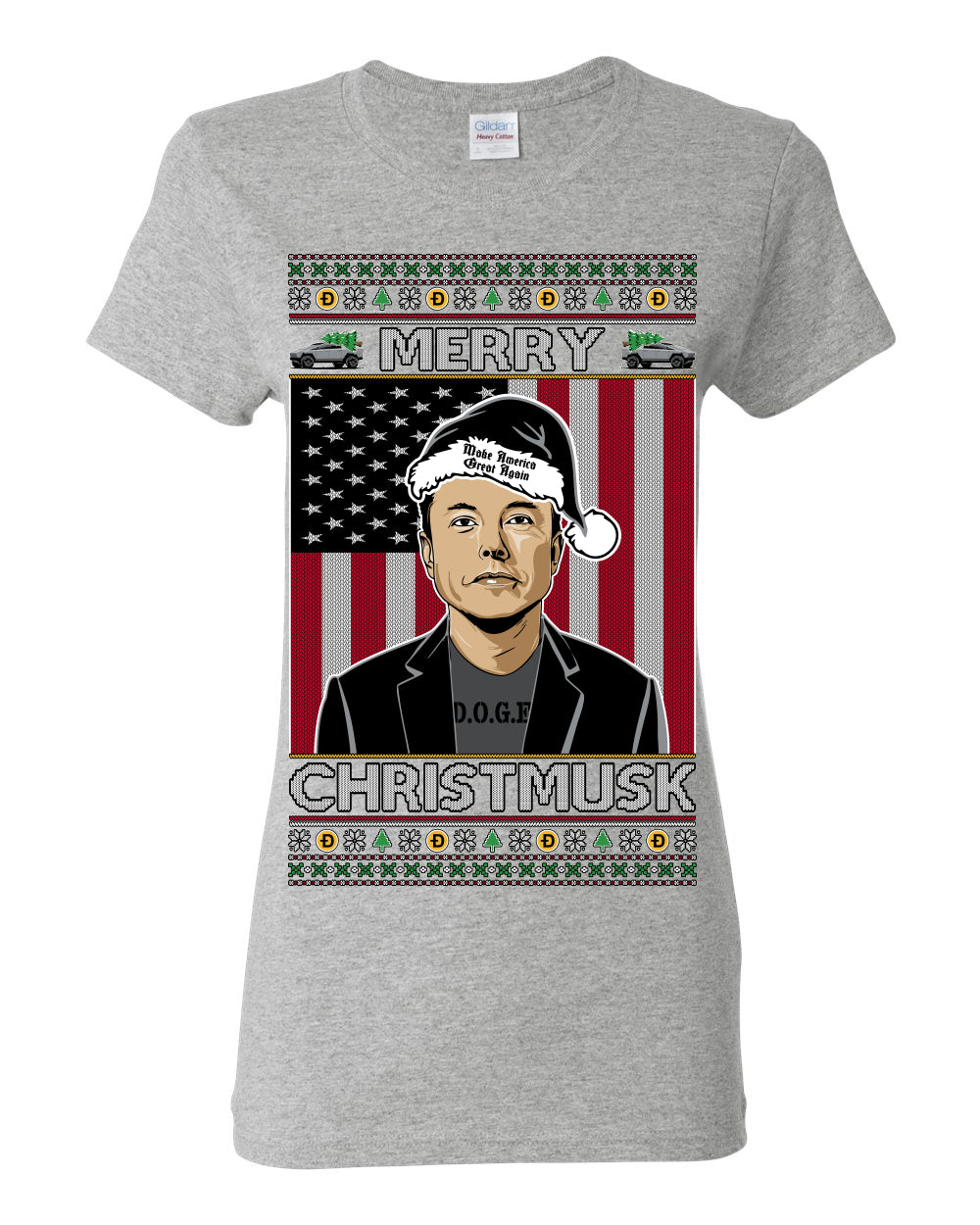 Merry Christmusk Funny Dark MAGA Santa Elon Doge Meme, Crypto Dogecoin America First USA Republican Ugly Christmas Sweater Ugly Christmas Womens Graphic T-Shirt