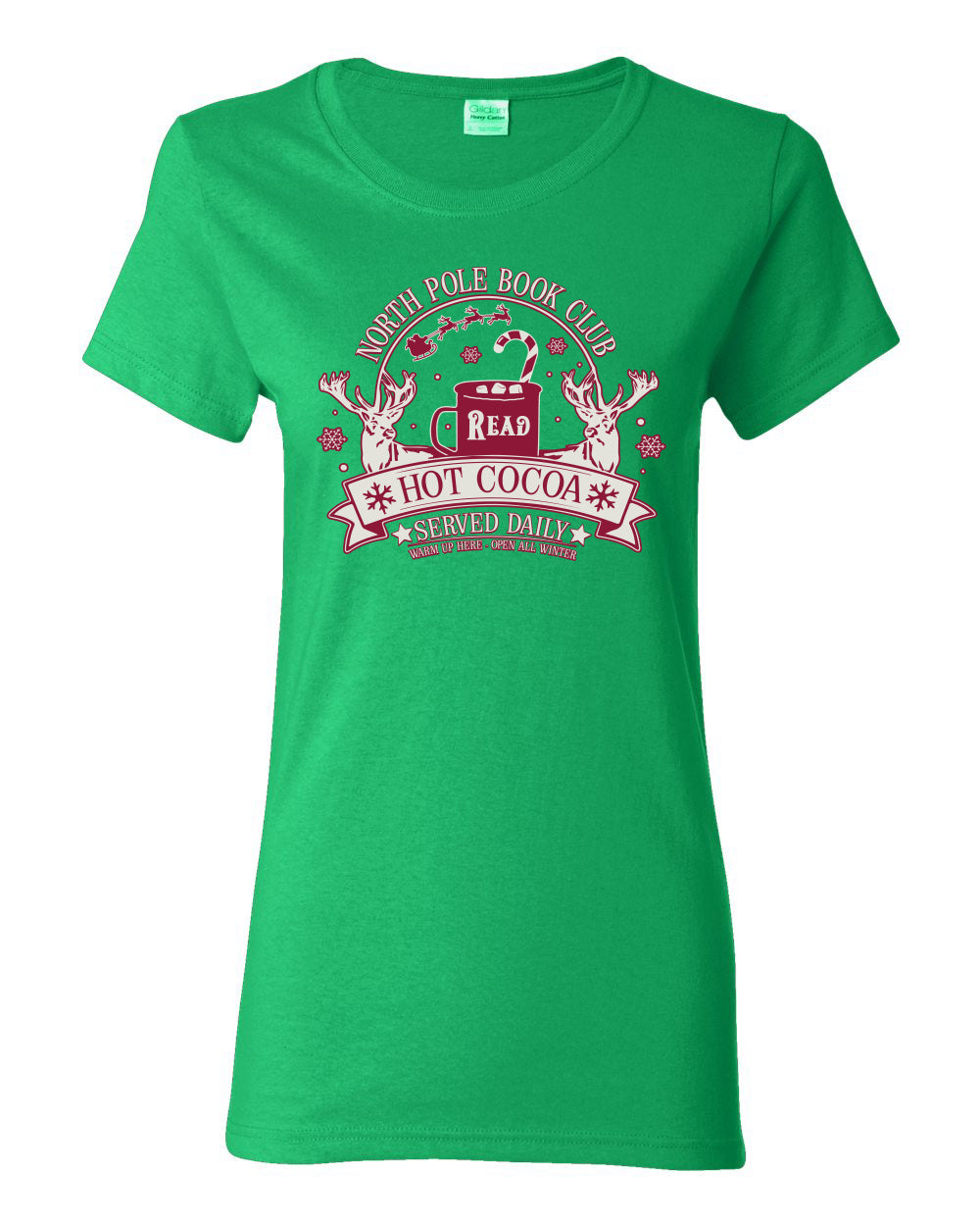North Pole Book Club | Hot Cocoa Served Daily, Cute Funny Read Books Reading Snow Reindeer Winter Hot Chocolate Ugly Christmas Womens Graphic T-Shirt