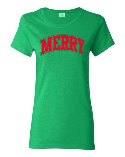 Merry | Cute Winter Holiday College Style Ugly Christmas Womens Graphic T-Shirt
