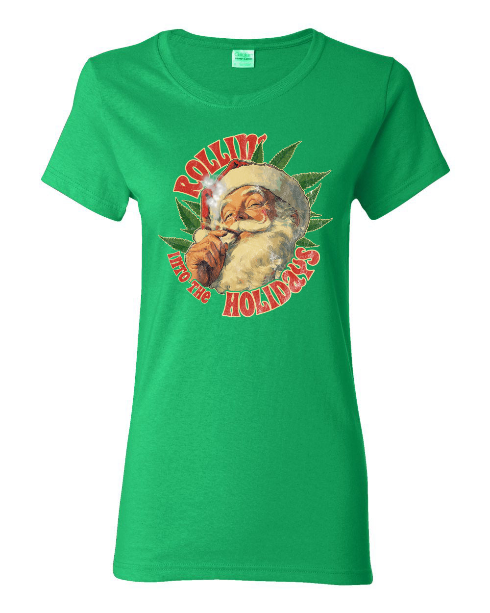 Rollin Into the Holidays | Funny Santa Claus Smoking Weed THC Marijuana Joint Fan  Ugly Christmas Womens Graphic T-Shirt
