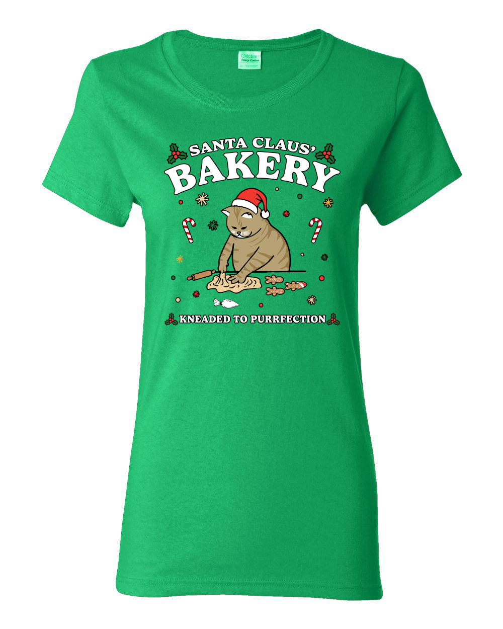 Santa Claus Bakery | Bread Kneaded to Purrfection, Funny Cute Cat Chef Baker Joke Ugly Christmas Womens Graphic T-Shirt
