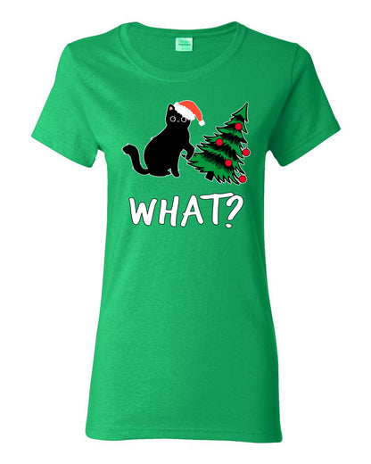 What? Funny Guilty Santa Cat Christmas Tree Mischief Pet Humor Ugly Christmas Womens Graphic T-Shirt