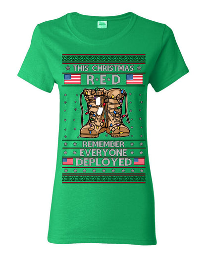 This Christmas RED Remember Everyone Deployed, Pro Military Vet 1st 2nd Amendment Veteran, RED Friday Ugly Christmas Sweater Ugly Christmas Womens Graphic T-Shirt