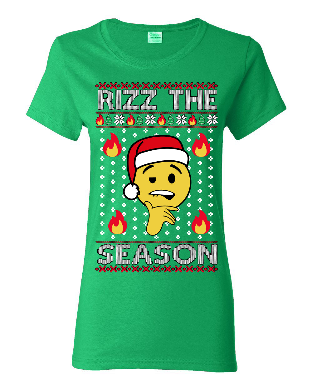 Rizz the Season, Viral Internet Fire Emoji Face Meme Romance Slang, Ugly Christmas Sweater Ugly Christmas Womens Graphic T-Shirt