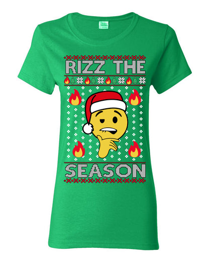 Rizz the Season, Viral Internet Fire Emoji Face Meme Romance Slang, Ugly Christmas Sweater Ugly Christmas Womens Graphic T-Shirt