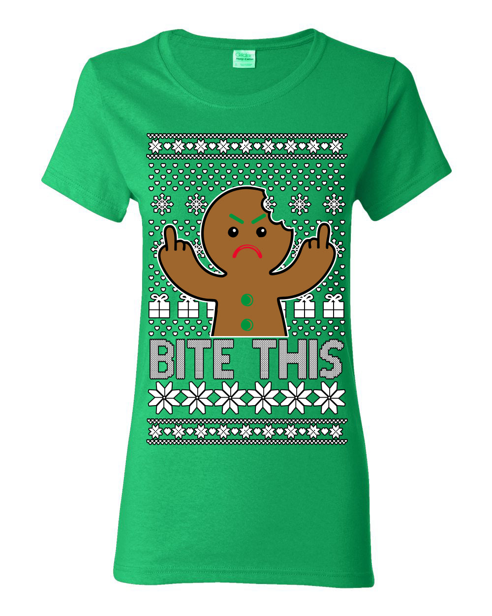 Bite This, Funny Gingerbread Cookie Offensive Inappropriate Middle Finger, F U Ginger Bread Dirty Novelty Xmas Ugly Christmas Sweater Ugly Christmas Womens Graphic T-Shirt