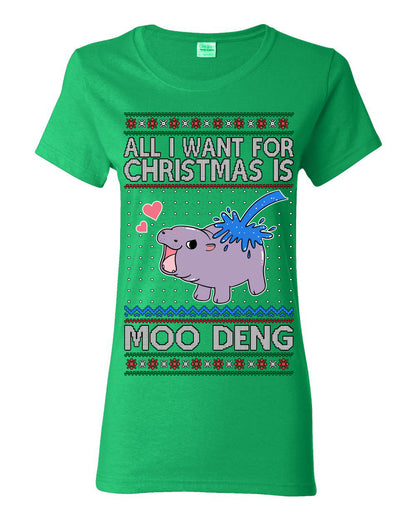 All I Want for Christmas is Moo Deng, Cute Pygmy Hippo Meme Viral Zoo Animal Y2K Era Funny Memes, Ugly Christmas Sweater Ugly Christmas Womens Graphic T-Shirt