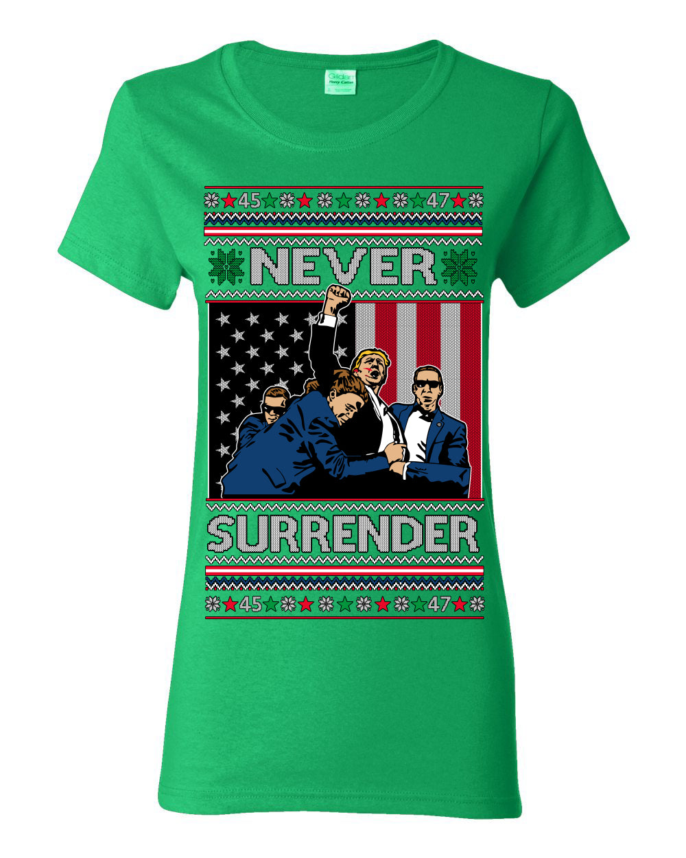 Never Surrender, Pro Donald Trump Fight Fight Fight Fist Pump 2024 Butler PA Rally Shot, Ugly Christmas Sweater Ugly Christmas Womens Graphic T-Shirt