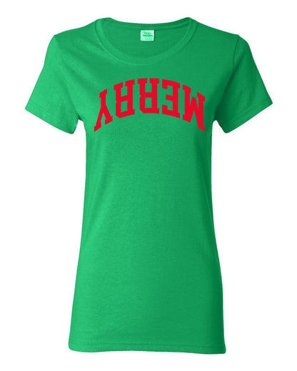Merry Red Text, Classic College Style Trendy Upside Down Text Ugly Christmas Sweater Ugly Christmas Womens Graphic T-Shirt