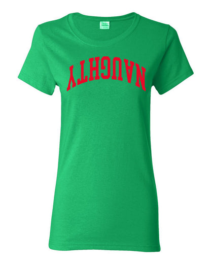 Naughty Red Text, Classic College Style Trendy Upside Down Text Ugly Christmas Sweater Ugly Christmas Womens Graphic T-Shirt