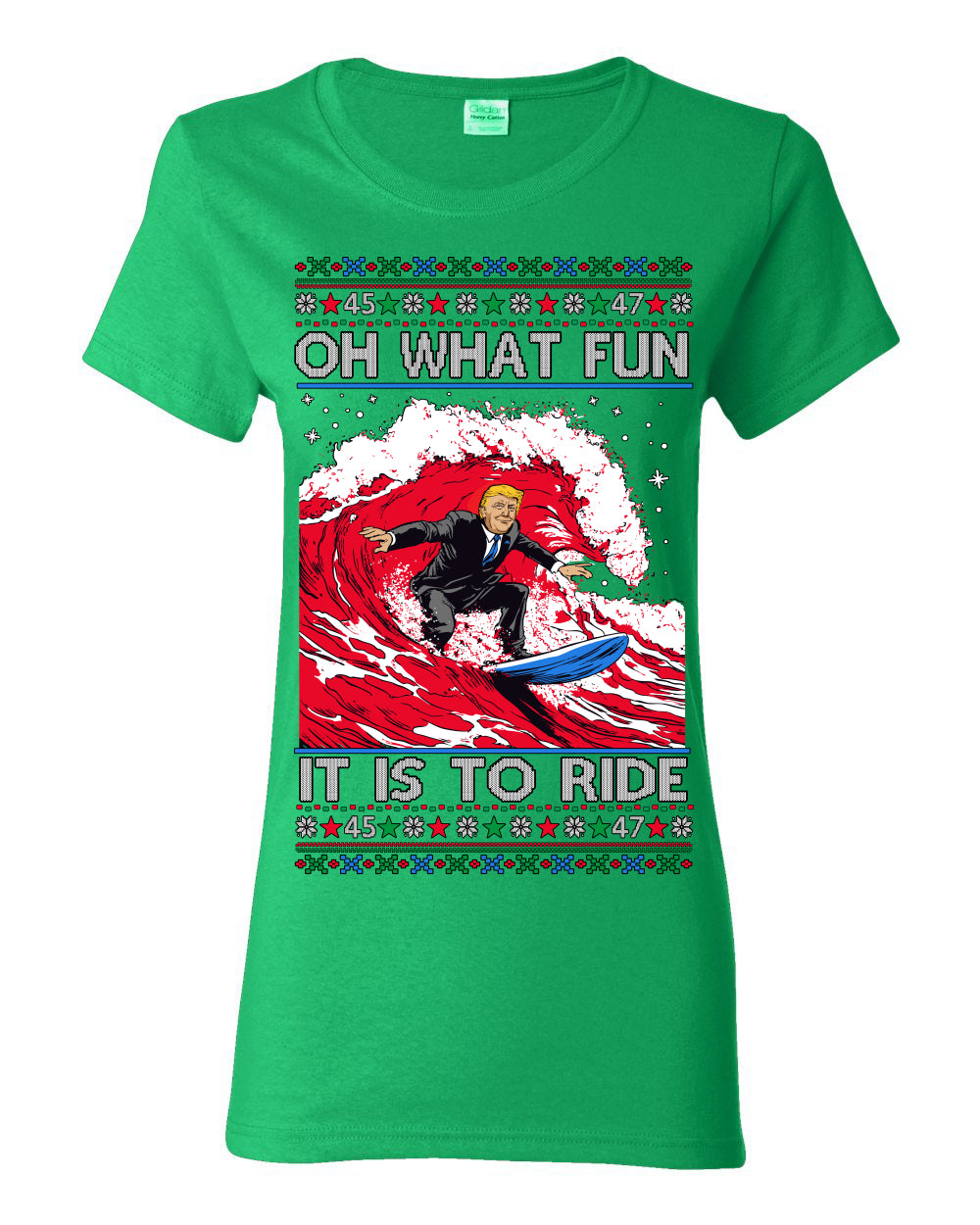 Oh What Fun It Is to Ride, Donald Trump MAGA Election Red Wave Landslide, Gift for Republicans Conservatives Ugly Christmas Sweater Ugly Christmas Womens Graphic T-Shirt