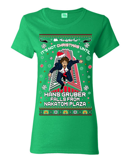 It's Not Christmas Until Hans Gruber Falls From Nakatomi Plaza, Color Design Skyscraper LA Falling Iconic 80s Xmas Movie Ugly Christmas Sweater Ugly Christmas Womens Graphic T-Shirt