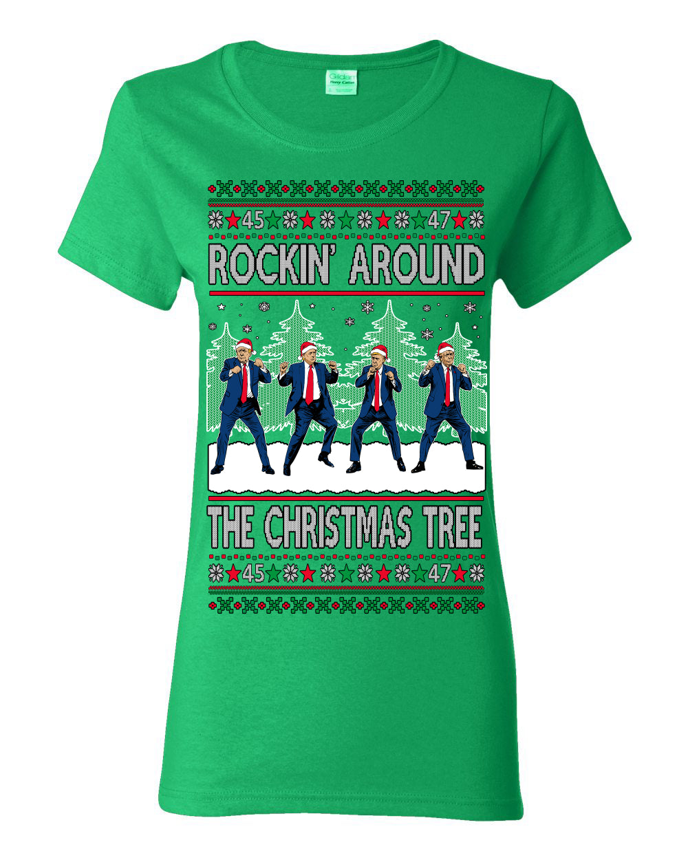 Rocking Around the Christmas Tree Trump Shimmy Dance Ugly Christmas Sweater Ugly Christmas Womens Graphic T-Shirt