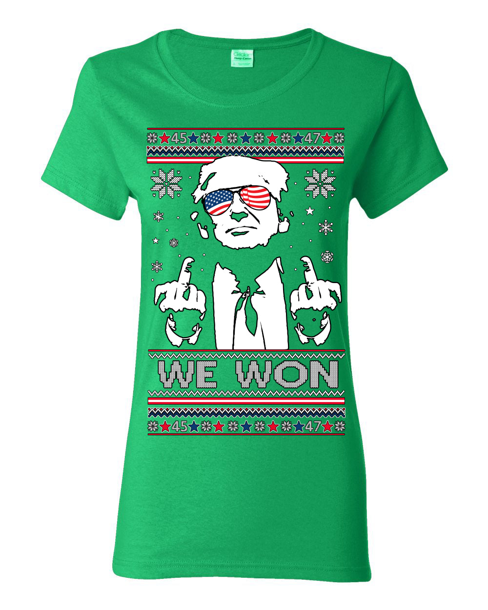 We Won Funny 45 47 President Trump Shot USA Glasses, 47th USA President of the United States, Gift for Republicans Conservatives Ugly Christmas Sweater Ugly Christmas Womens Graphic T-Shirt