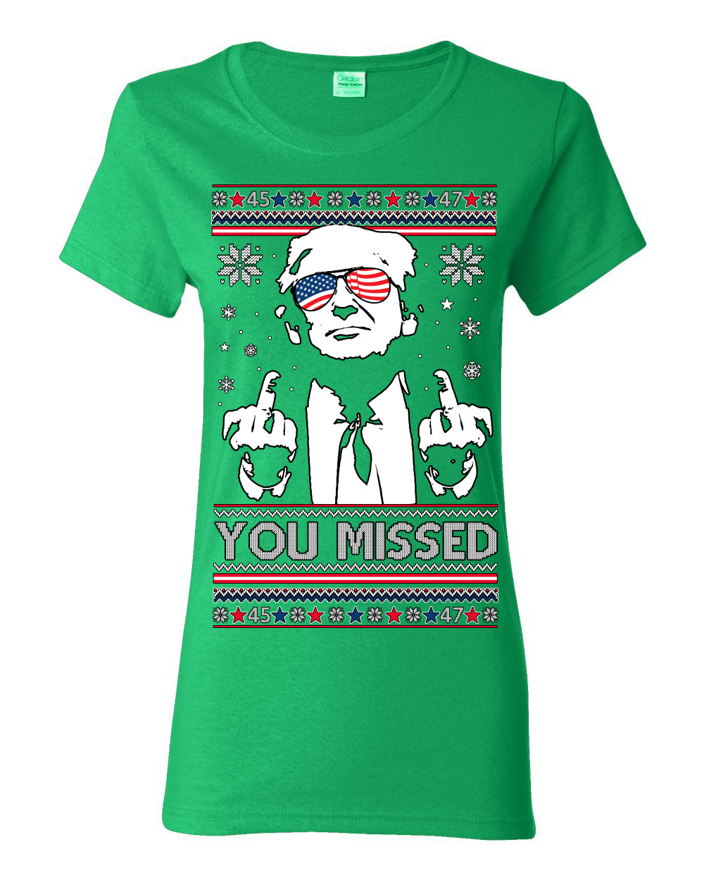 You Missed Funny 45 47 President Trump Shot USA Glasses, 47th USA President of the United States, Gift for Republicans Conservatives Ugly Christmas Sweater Ugly Christmas Womens Graphic T-Shirt