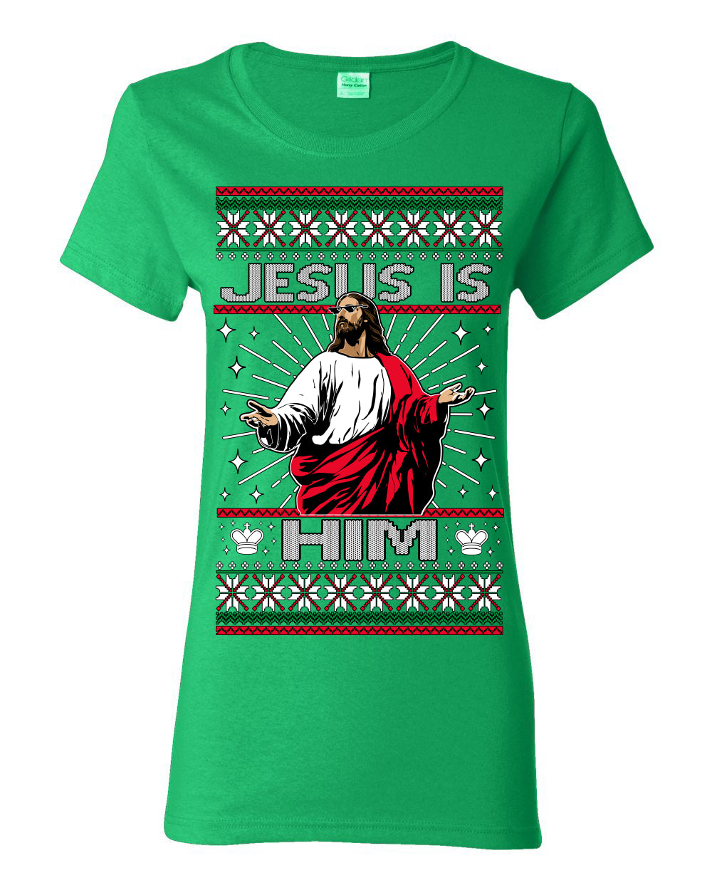 Jesus Is Him Funny Gen Z Viral Meme Shades, Religious Christ Christian Christianity Brain Rot Joke Slang Ugly Christmas Sweater Ugly Christmas Womens Graphic T-Shirt