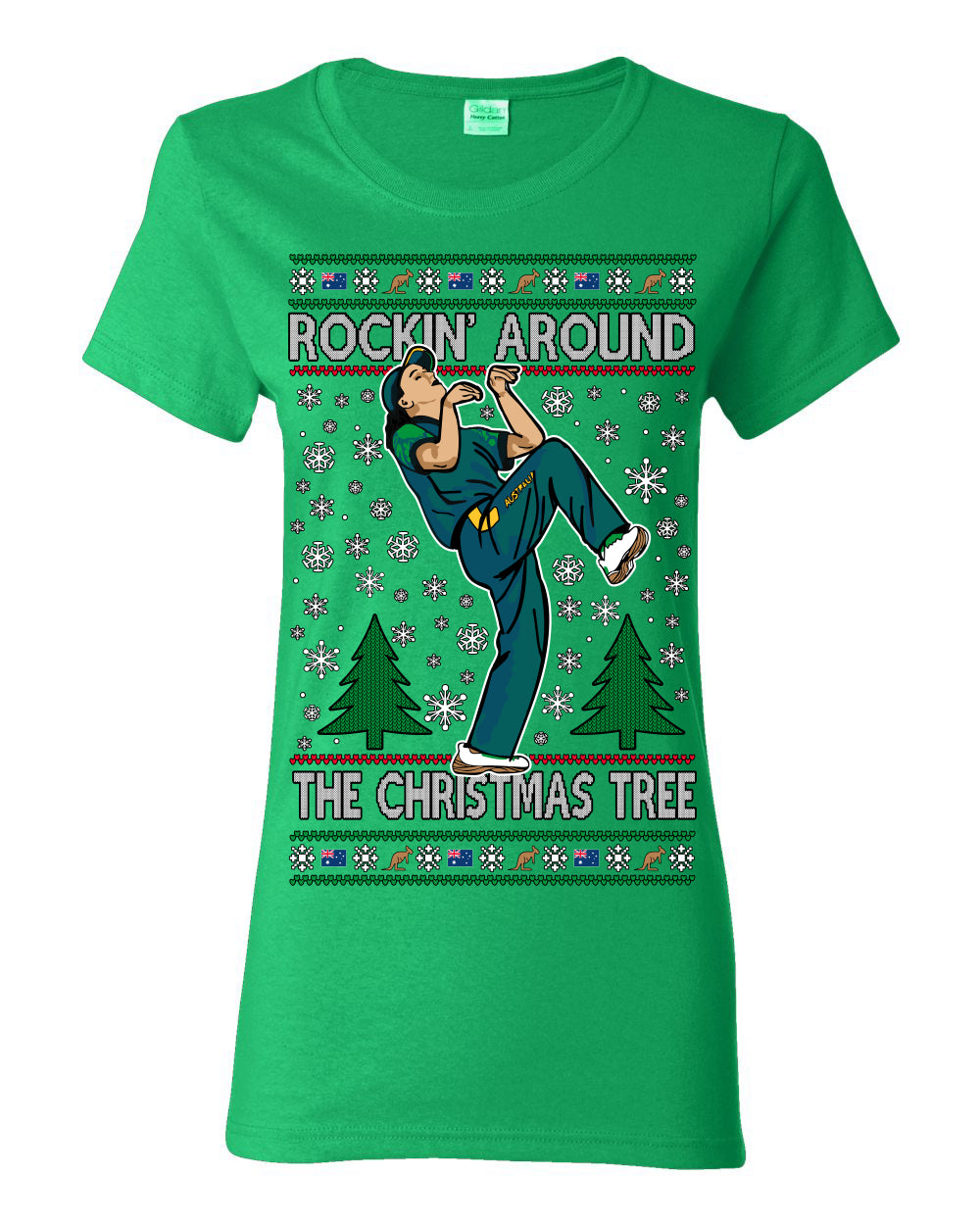 Rockin Around the Christmas Tree Raygun Viral Meme Australian AUS, Sports Australia Breakdancer Ray Gun Funny Ugly Christmas Sweater Ugly Christmas Womens Graphic T-Shirt
