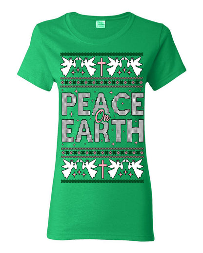 Peace On Earth Funny Xmas Cute Pink Angel Cross, Women Men Religious Christian Catholic Ugly Christmas Sweater Ugly Christmas Womens Graphic T-Shirt