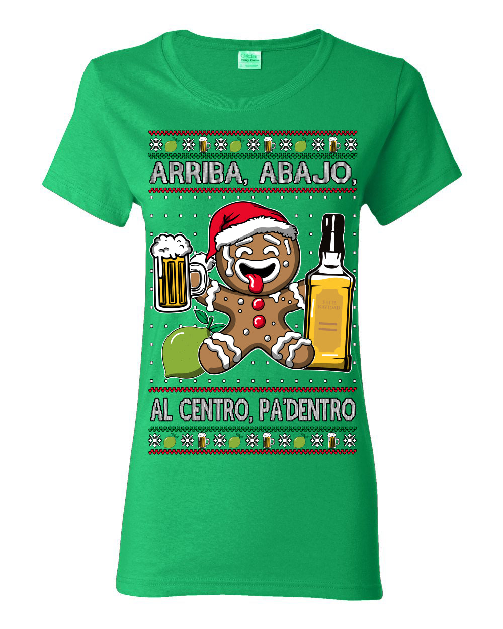 Arriba Abajo Al Centro Pa'Dentro Cheers to Health, Drinking Beer Cerveza Funny Gingerbread Xmas Cookie Ropa en Espanol Salud Ugly Christmas Sweater Ugly Christmas Womens Graphic T-Shirt