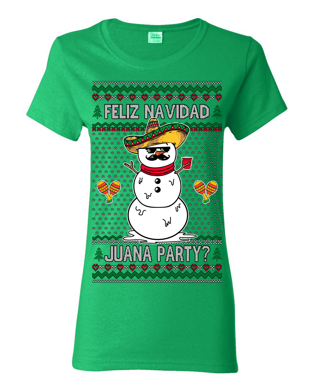 Feliz Navidad Juana Party? Funny Spanish Drinking Sueter Cerveza Ropa en Espanol Ugly Christmas Sweater Ugly Christmas Womens Graphic T-Shirt