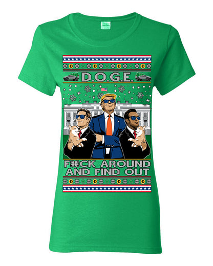 Doge F Around and Find Out Donald Trump Elon Vivek, Department of Govenmental Efficiency D.O.G.E. Republicans MAGA Ugly Christmas Sweater Ugly Christmas Womens Graphic T-Shirt
