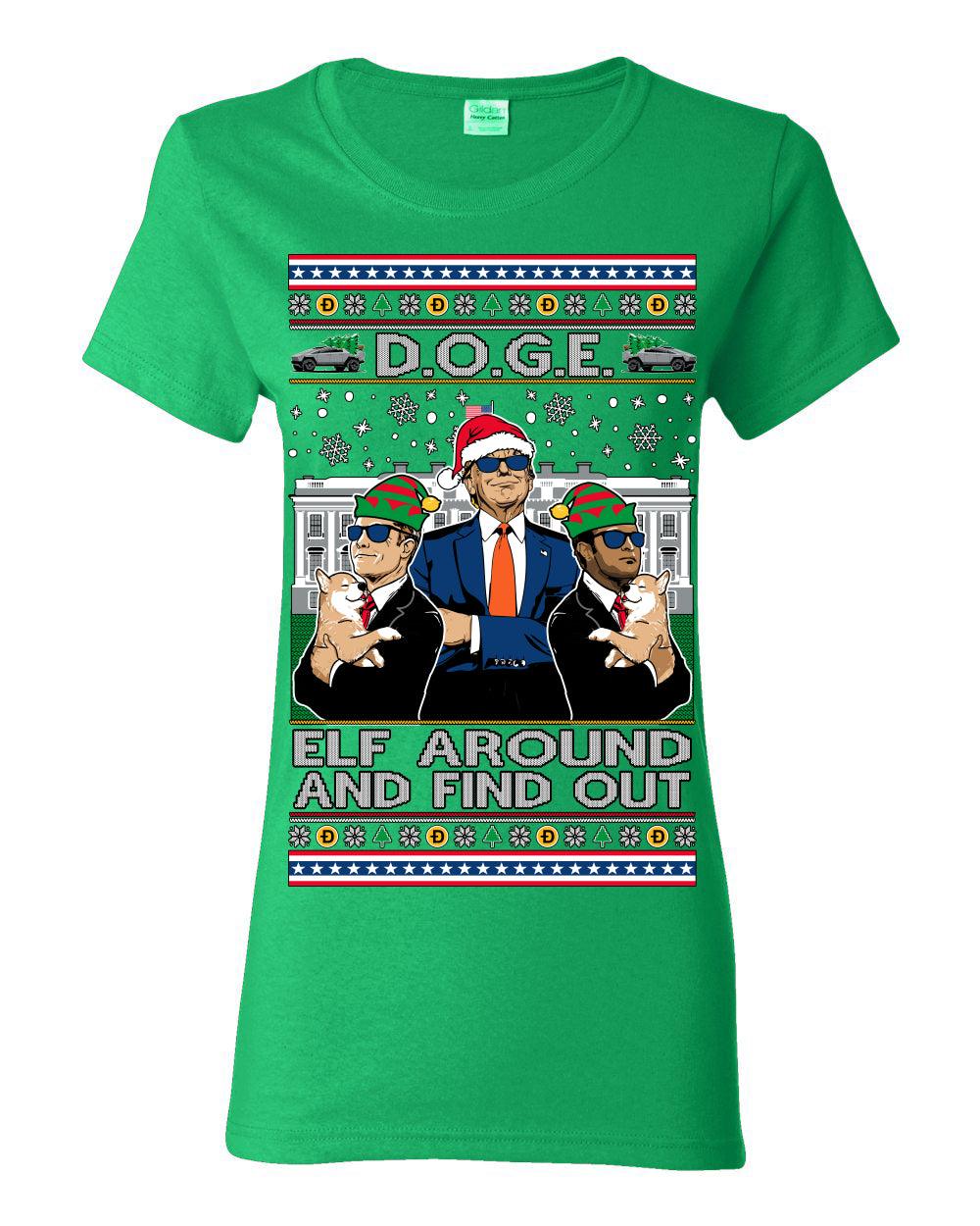Doge Elf Around and Find Out Trump Elon Vivek, Department of Govenmental Efficiency D.O.G.E. Republicans MAGA Ugly Christmas Sweater Ugly Christmas Womens Graphic T-Shirt