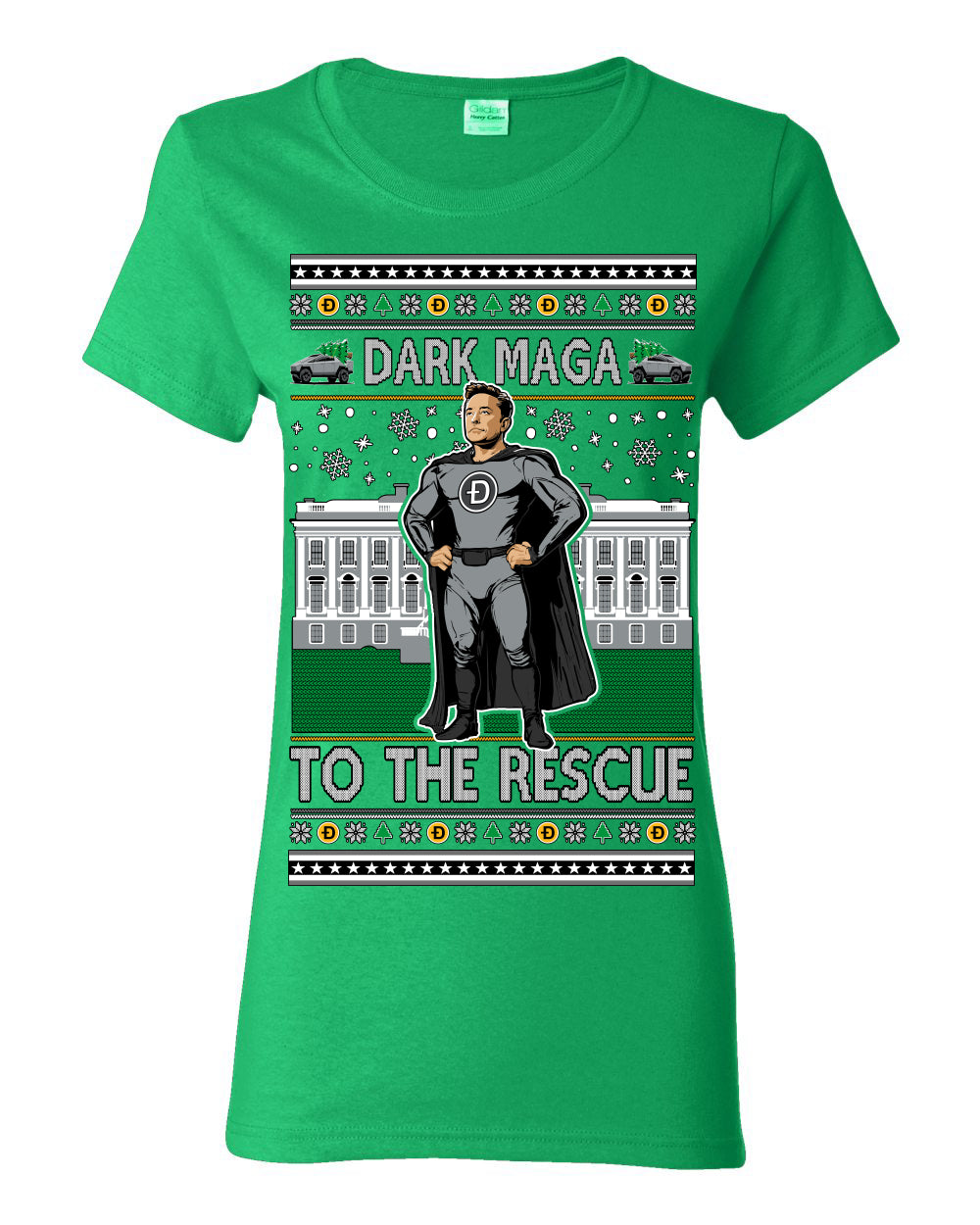 Dark MAGA to the Rescue, Elon Superhero Doge Crypto Dogecoin Make America Great Again Trump 2024 Ugly Christmas Sweater Ugly Christmas Womens Graphic T-Shirt