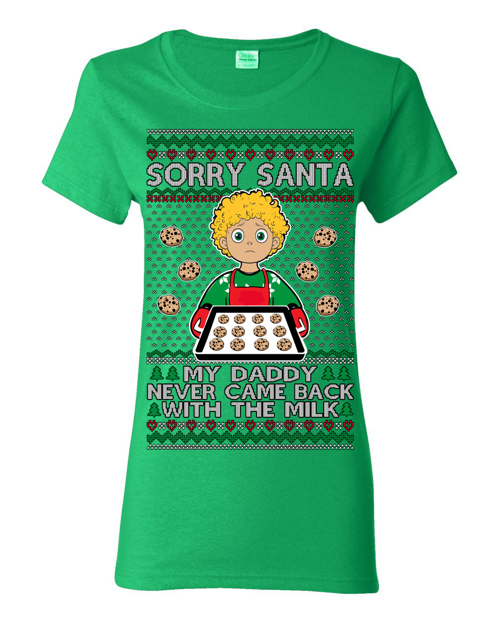 Sorry Santa Dad Never Came Back With Milk, Funny Viral Daddy Left Sad Kid Meme Ugly Christmas Sweater Ugly Christmas Womens Graphic T-Shirt