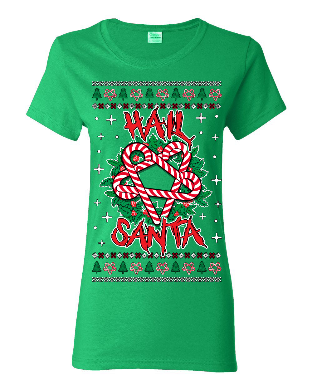 Hail Santa Funny Satanic, Candy Cane Wreath Devil Heavy Metal Rock Metalcore Music, Satan 666 Agnostic Areligious Ugly Christmas Sweater Ugly Christmas Womens Graphic T-Shirt