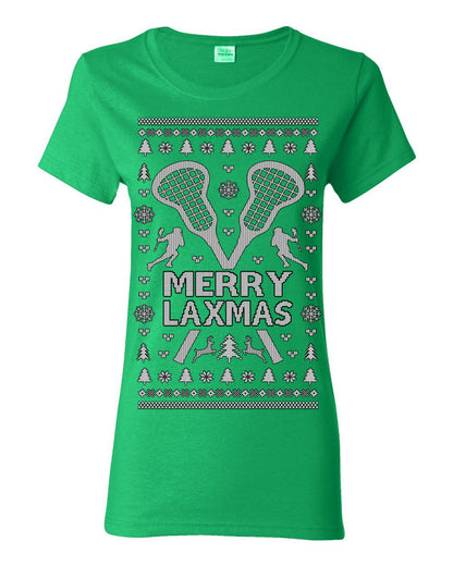 Merry Laxmas Funny Lacrosse Sports LAX, Teen Sport Player Boys Girls Adult Pun Ugly Christmas Sweater Ugly Christmas Womens Graphic T-Shirt