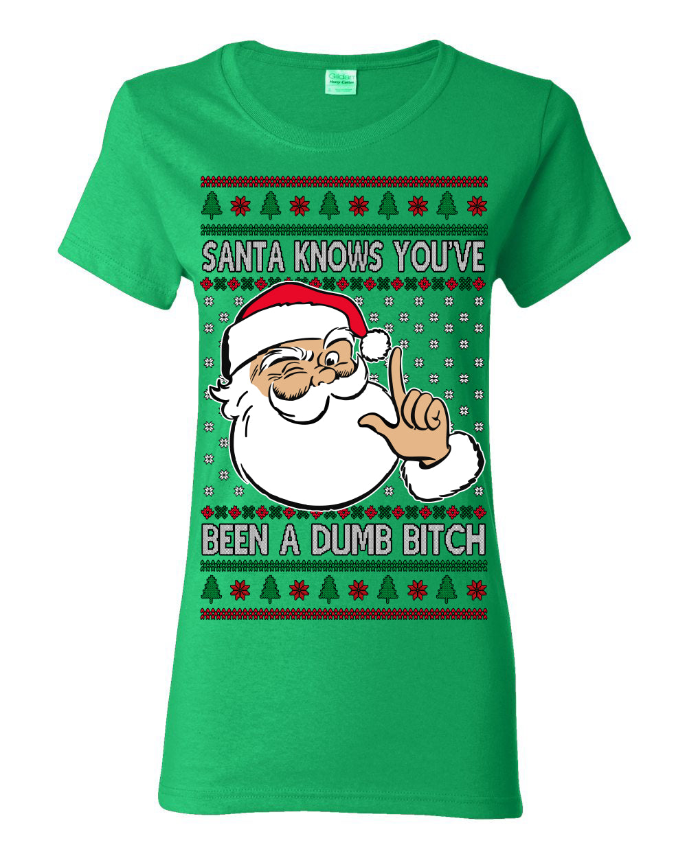 Santa Knows You've Been a Dumb Bitch Funny Vulgar Dirty Ugly Christmas Sweater Ugly Christmas Womens Graphic T-Shirt