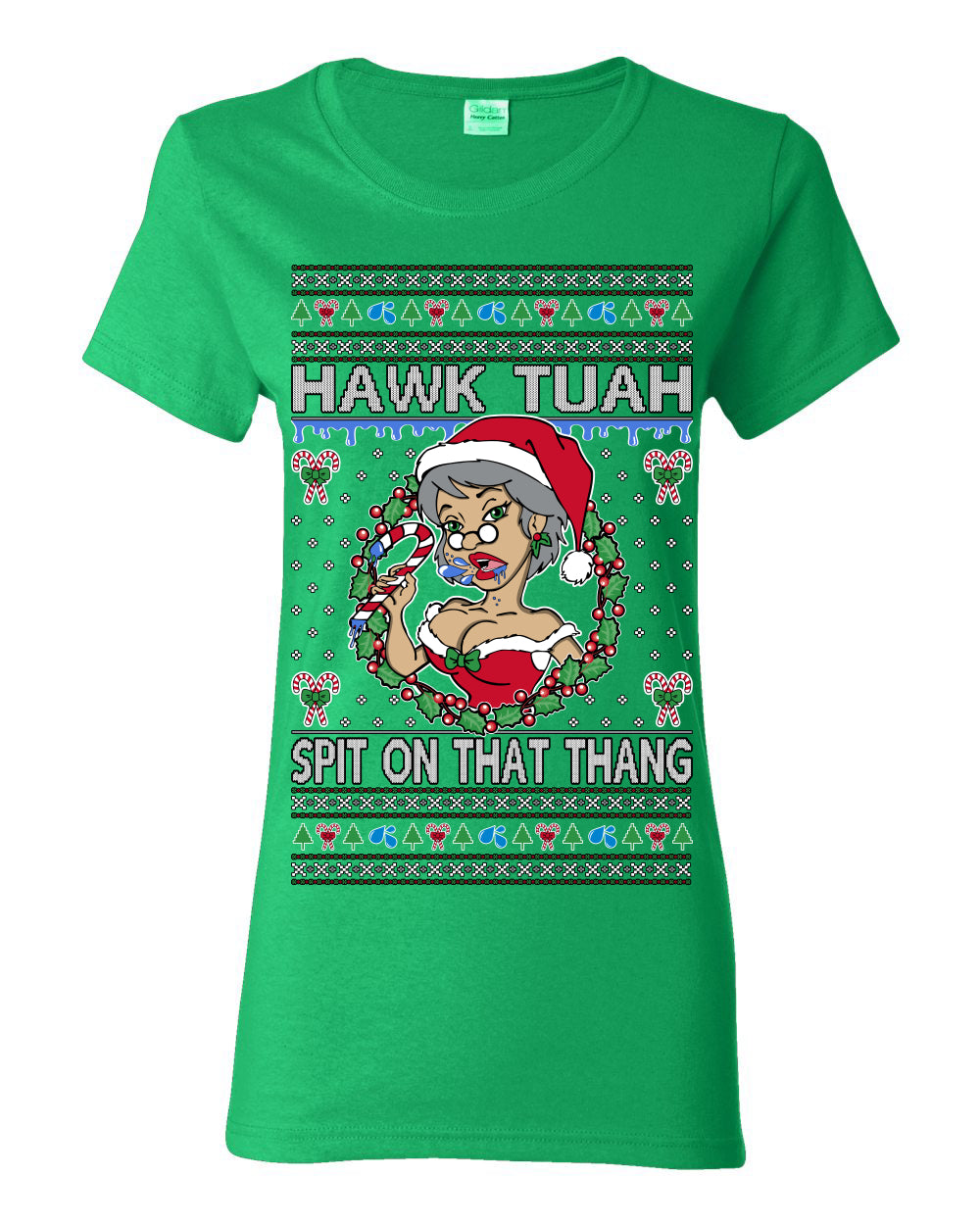 Hawk Tuah Spit On That Thang, Viral Hilarious Candy Cane Mrs Claus Funny Naughty Suck Meme, Ugly Christmas Sweater Ugly Christmas Womens Graphic T-Shirt