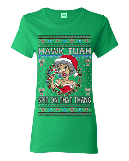 Hawk Tuah Spit On That Thang, Viral Hilarious Candy Cane Mrs Claus Funny Naughty Suck Meme, Ugly Christmas Sweater Ugly Christmas Womens Graphic T-Shirt