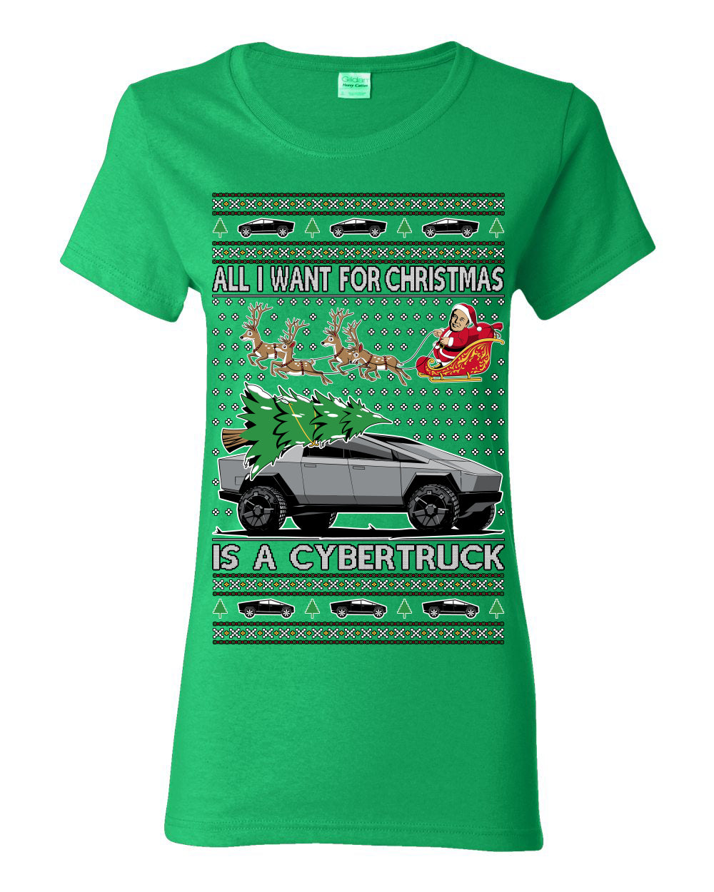 All I Want for Christmas is a Cybertruck, Funny Tech Cyber Truck Elon Musk Santa Claus Reindeer, Meme Ugly Christmas Sweater Ugly Christmas Womens Graphic T-Shirt