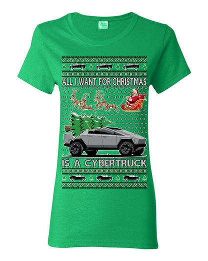 All I Want for Christmas is a Cybertruck, Funny Tech Cyber Truck Elon Musk Santa Claus Reindeer, Meme Ugly Christmas Sweater Ugly Christmas Womens Graphic T-Shirt