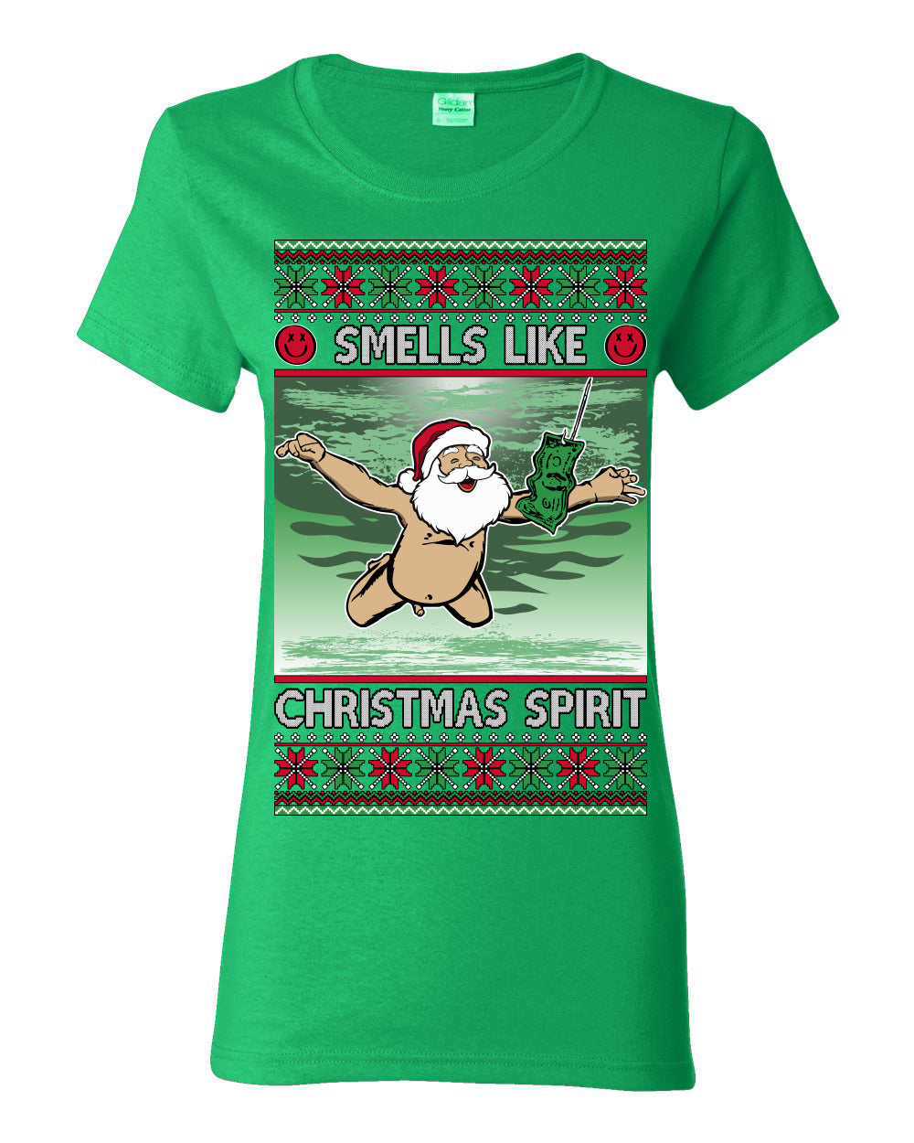 Smells Like Christmas Spirit, Funny Santa Claus Classic 90s Alternative Rock Album Cover Music Parody Ugly Christmas Sweater Ugly Christmas Womens Graphic T-Shirt