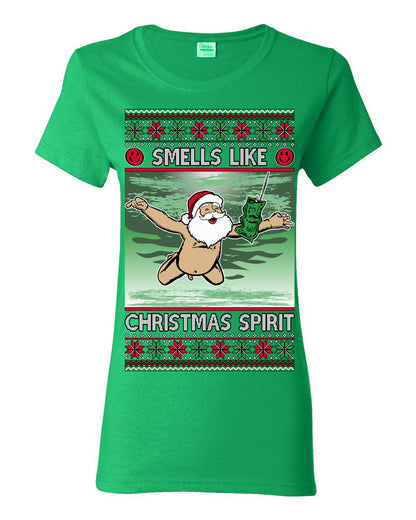 Smells Like Christmas Spirit, Funny Santa Claus Classic 90s Alternative Rock Album Cover Music Parody Ugly Christmas Sweater Ugly Christmas Womens Graphic T-Shirt