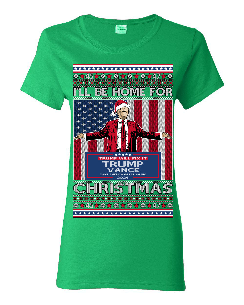 I'll Be Home for Christmas USA Trump 2024, MAGA Make America Great Again Santa Speech Ugly Christmas Sweater Ugly Christmas Womens Graphic T-Shirt